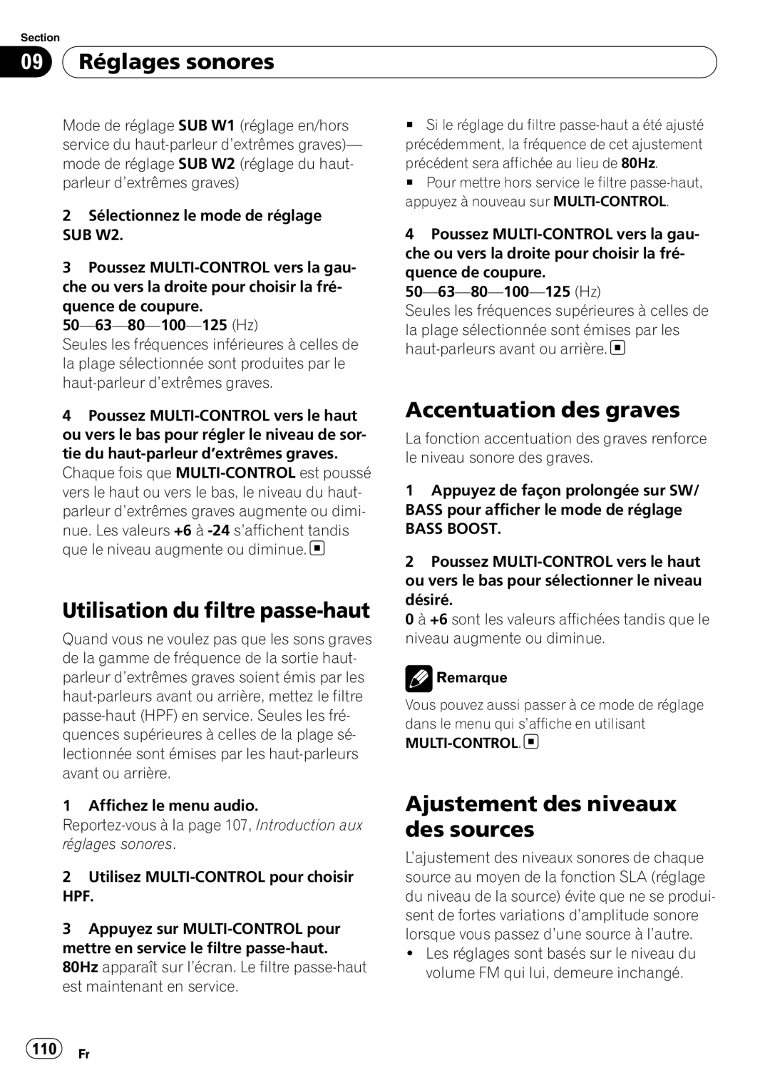 Pioneer DEH-P610BT Utilisation du filtre passe-haut, Accentuation des graves, Ajustement des niveaux des sources, 110 Fr 