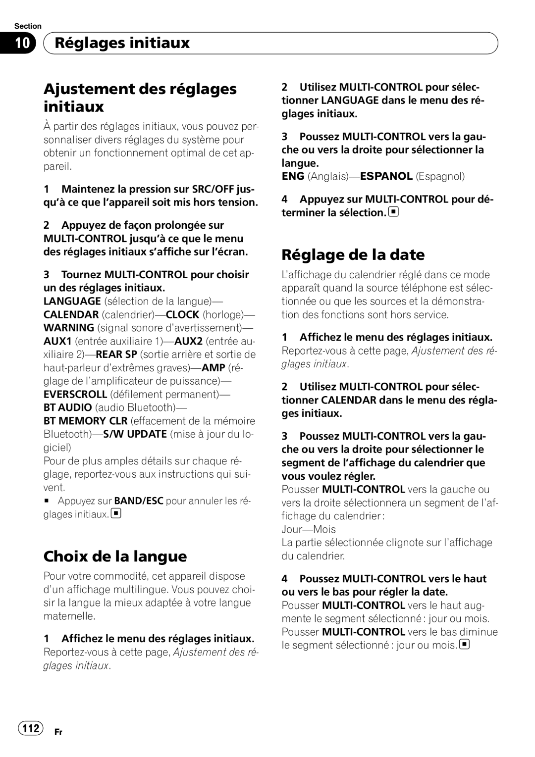 Pioneer DEH-P610BT Réglages initiaux Ajustement des réglages, Initiaux, Réglage de la date, Choix de la langue, 112 Fr 