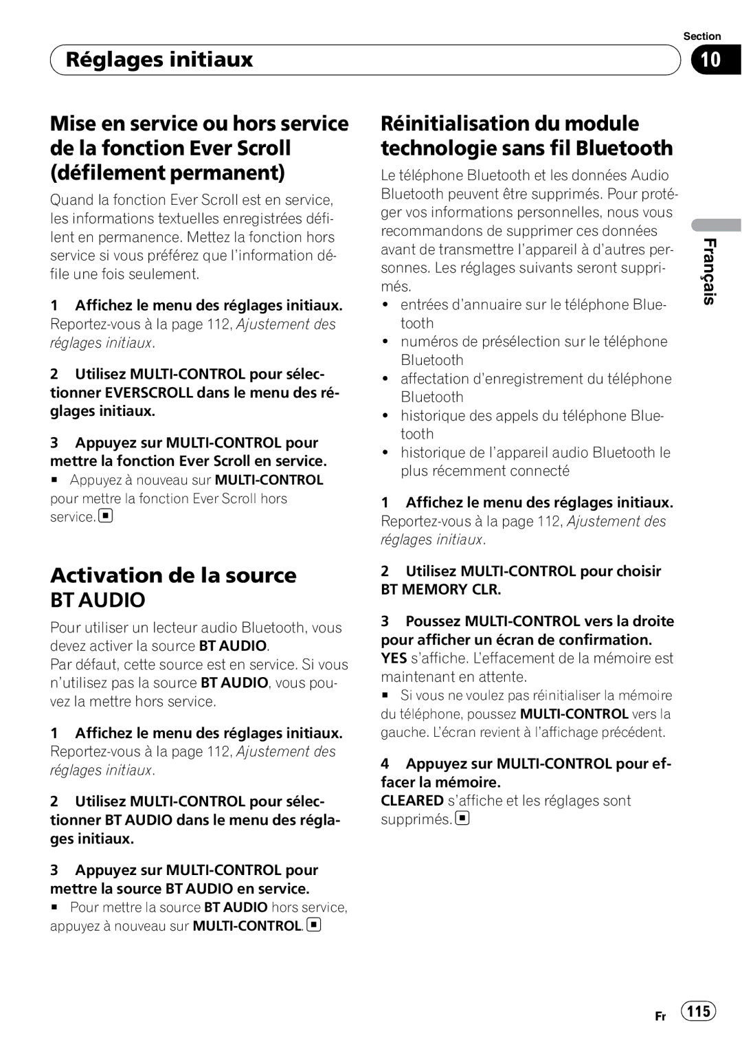 Pioneer DEH-P610BT operation manual Réinitialisation du module technologie sans fil Bluetooth, Activation de la source 