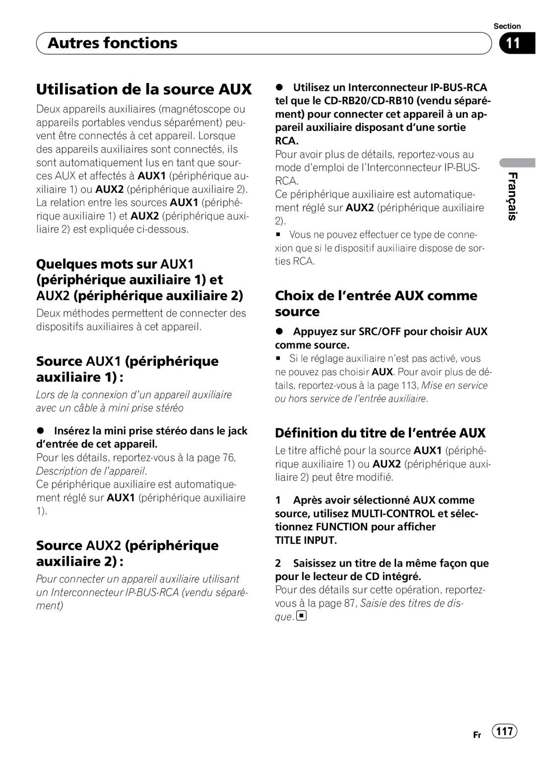 Pioneer DEH-P610BT operation manual Autres fonctions Utilisation de la source AUX, Source AUX1 périphérique auxiliaire 