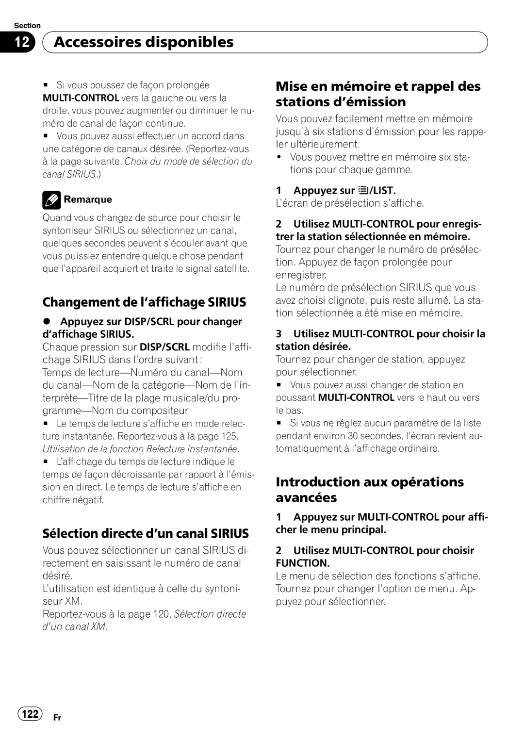 Pioneer DEH-P610BT operation manual Changement de l’affichage Sirius, Sélection directe d’un canal Sirius, 122 Fr 