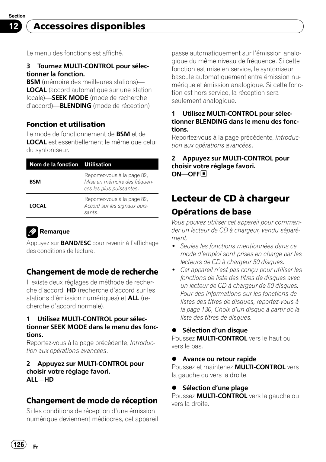 Pioneer DEH-P610BT Lecteur de CD à chargeur, Changement de mode de recherche, Changement de mode de réception, 126 Fr 