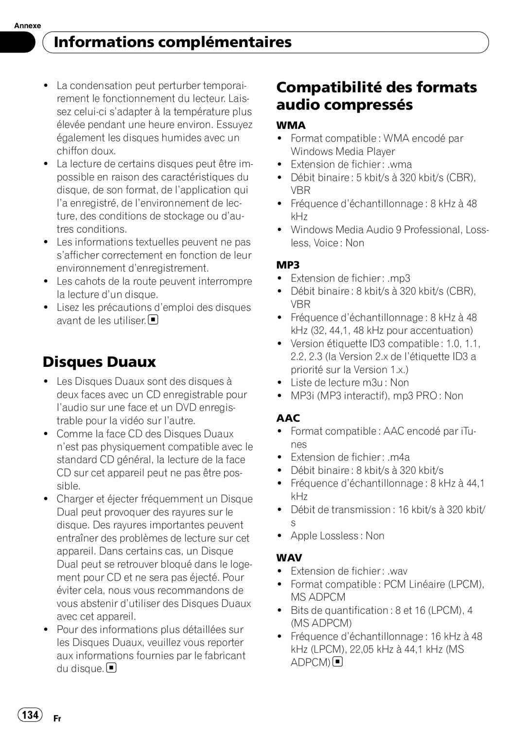 Pioneer DEH-P610BT operation manual Disques Duaux, Compatibilité des formats audio compressés, 134 Fr, Vbr 