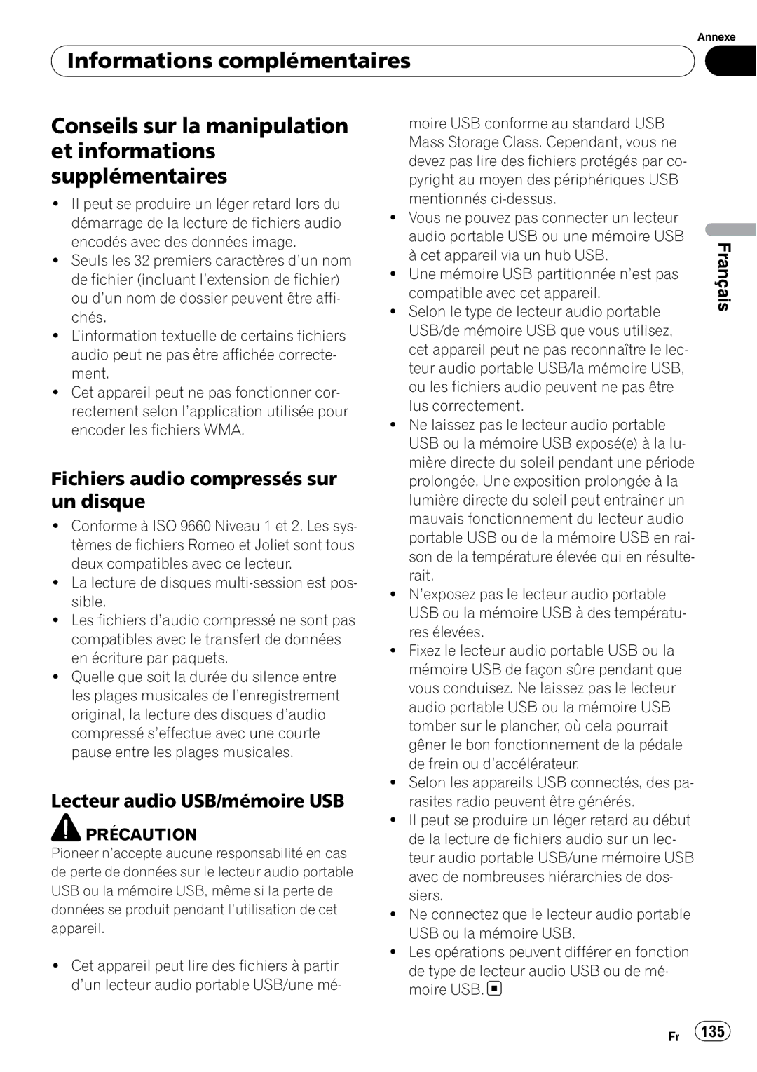 Pioneer DEH-P610BT operation manual Fichiers audio compressés sur un disque, Lecteur audio USB/mémoire USB 