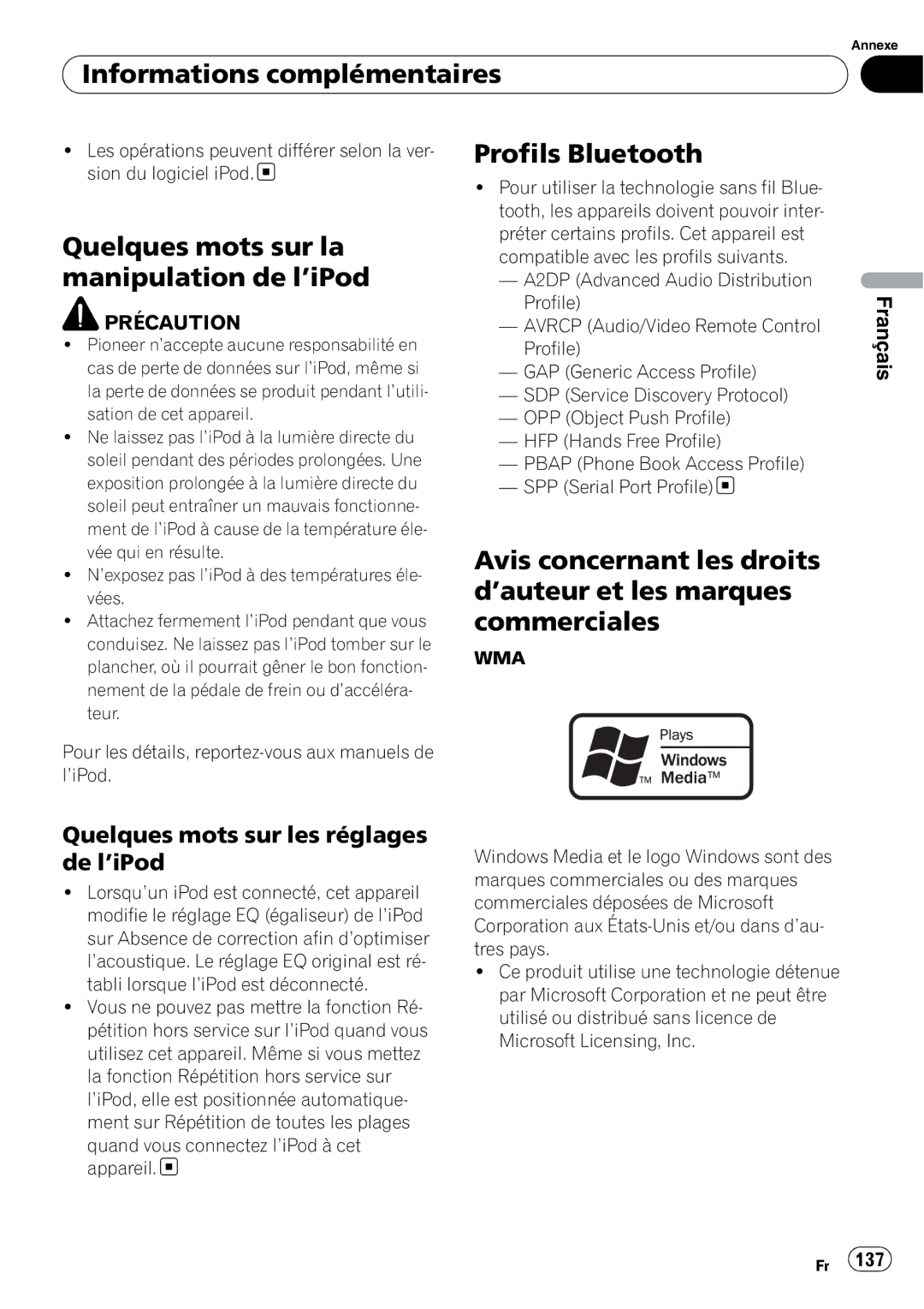 Pioneer DEH-P610BT operation manual Quelques mots sur la manipulation de l’iPod, Profils Bluetooth 