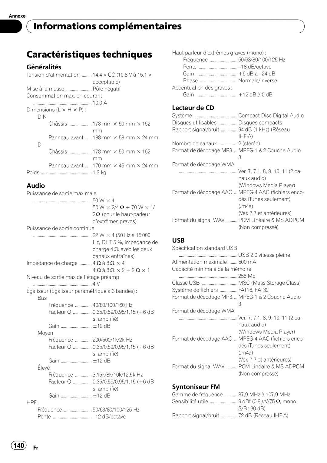 Pioneer DEH-P610BT Informations complémentaires Caractéristiques techniques, 140 Fr, Généralités, Lecteur de CD 