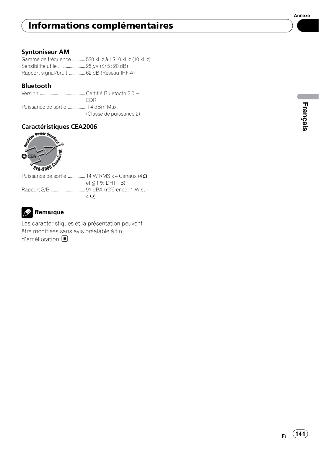 Pioneer DEH-P610BT operation manual Syntoniseur AM, Caractéristiques CEA2006 