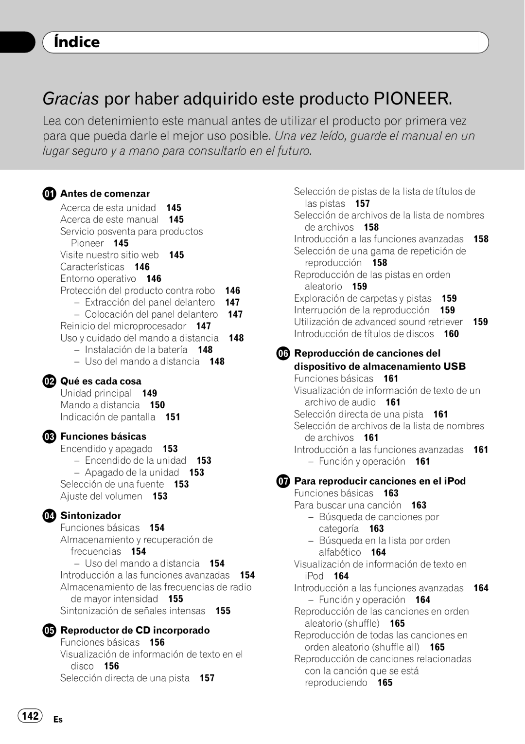 Pioneer DEH-P610BT operation manual Índice, 142 Es 