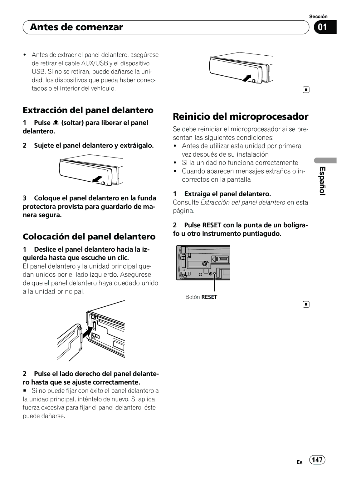 Pioneer DEH-P610BT Reinicio del microprocesador, Extracción del panel delantero, Colocación del panel delantero 