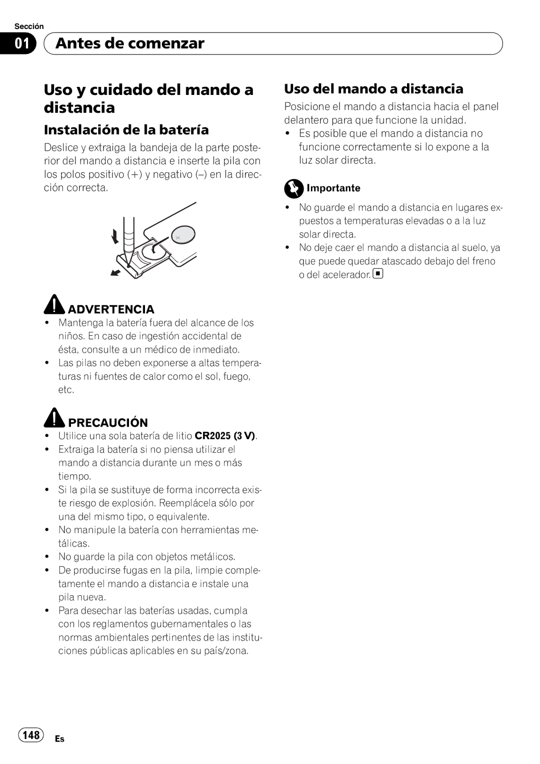 Pioneer DEH-P610BT Antes de comenzar Uso y cuidado del mando a, Distancia, Uso del mando a distancia, 148 Es 