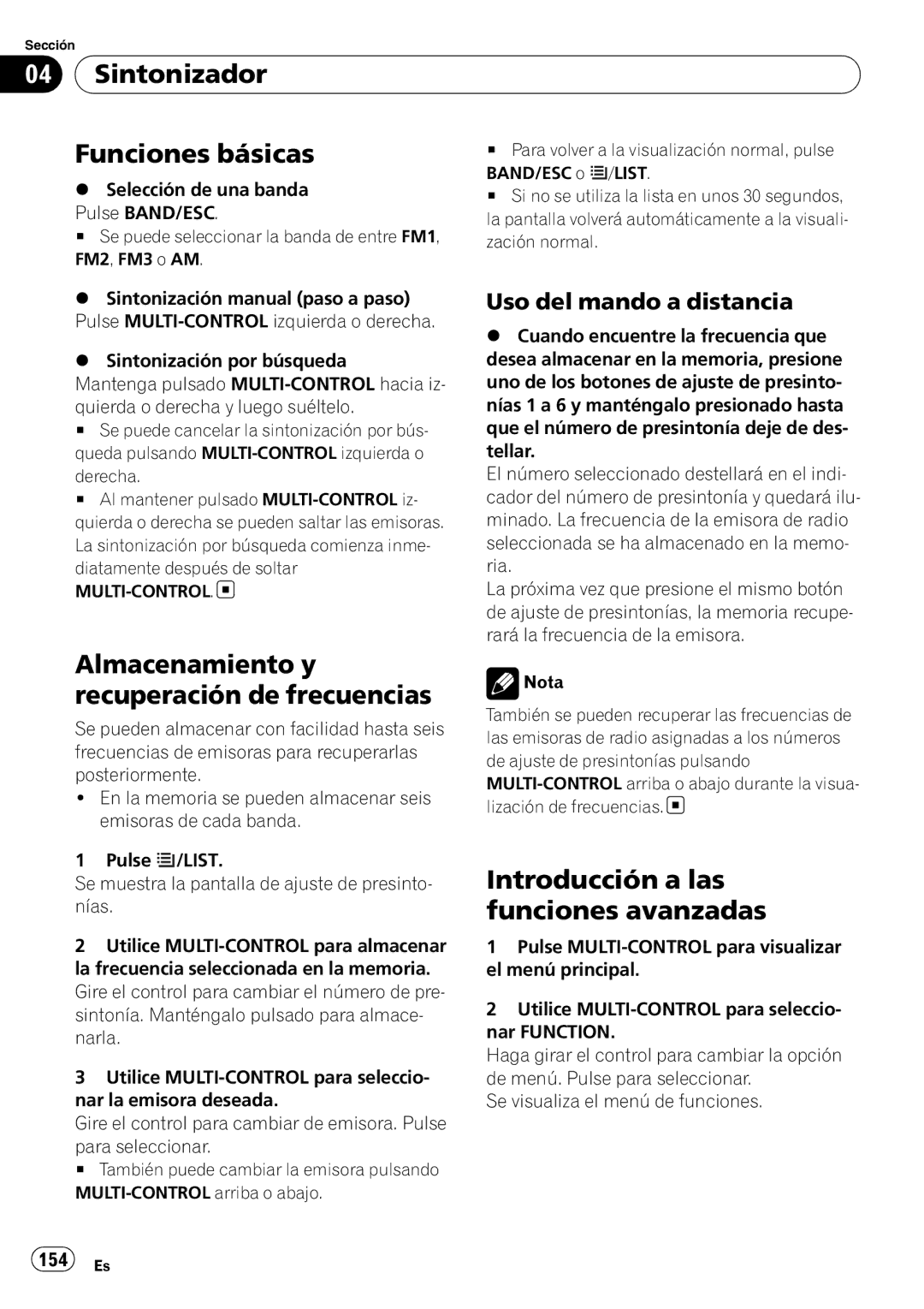 Pioneer DEH-P610BT operation manual Sintonizador Funciones básicas, Almacenamiento y recuperación de frecuencias, 154 Es 