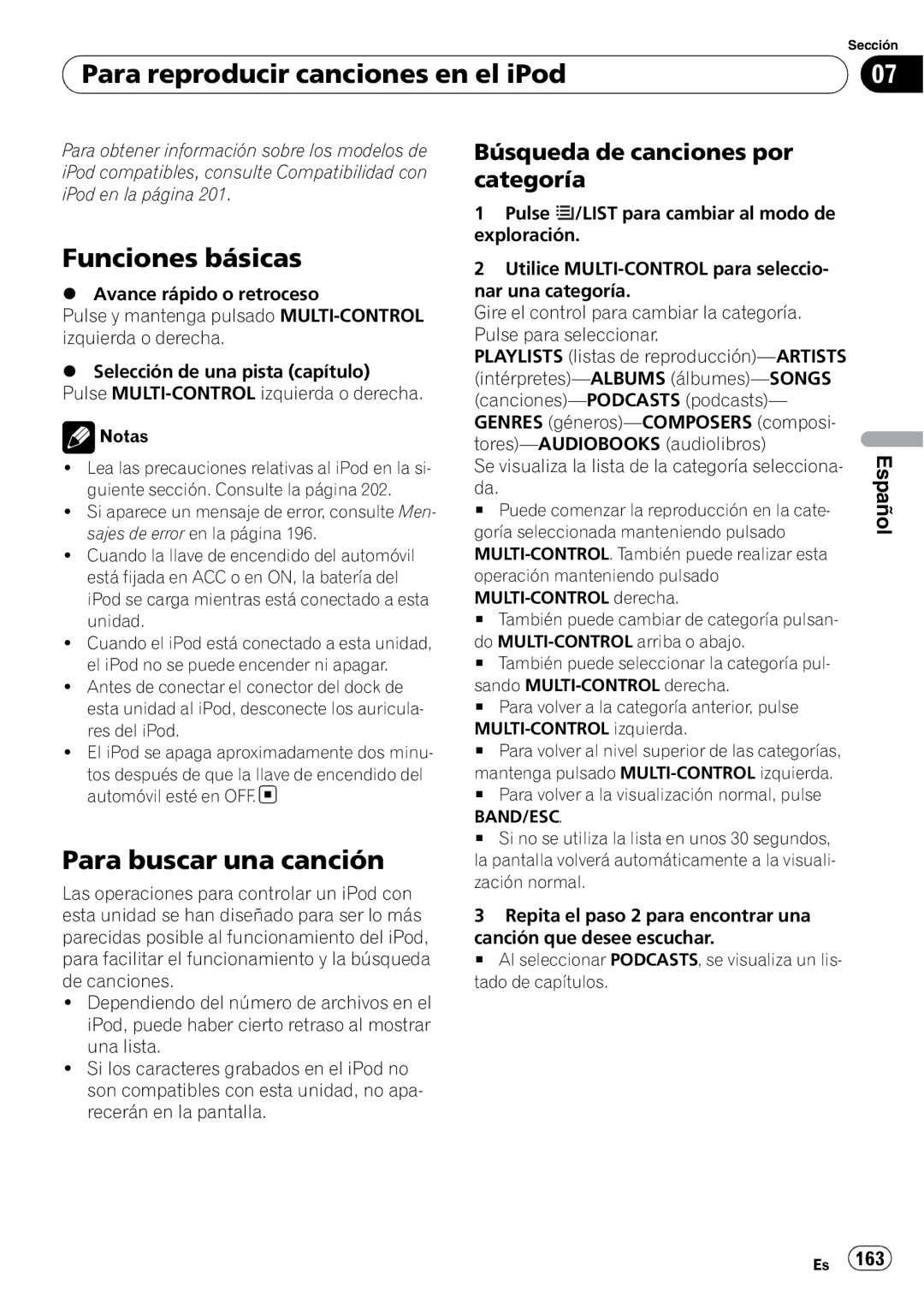 Pioneer DEH-P610BT Para reproducir canciones en el iPod, Para buscar una canción, Búsqueda de canciones por categoría 