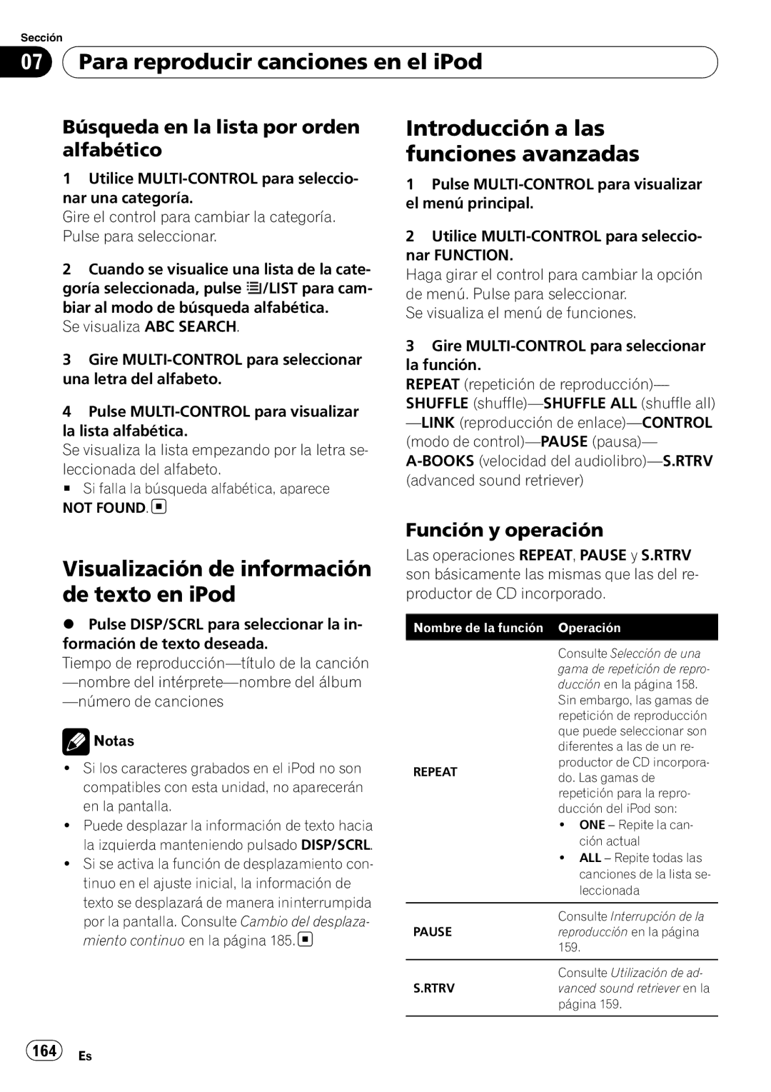 Pioneer DEH-P610BT operation manual Búsqueda en la lista por orden alfabético, 164 Es, Not Found 