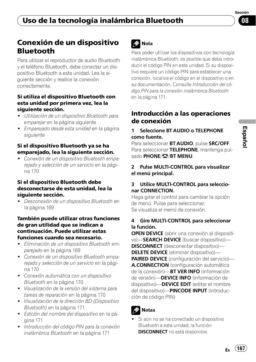 Pioneer DEH-P610BT operation manual Introducción a las operaciones de conexión, Seleccione BT Audio o Telephone 