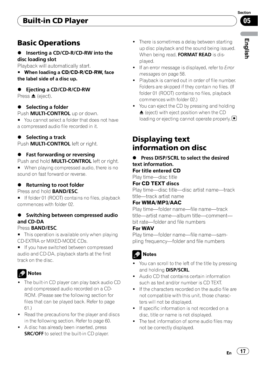 Pioneer DEH-P610BT operation manual Built-in CD Player Basic Operations, Displaying text information on disc 