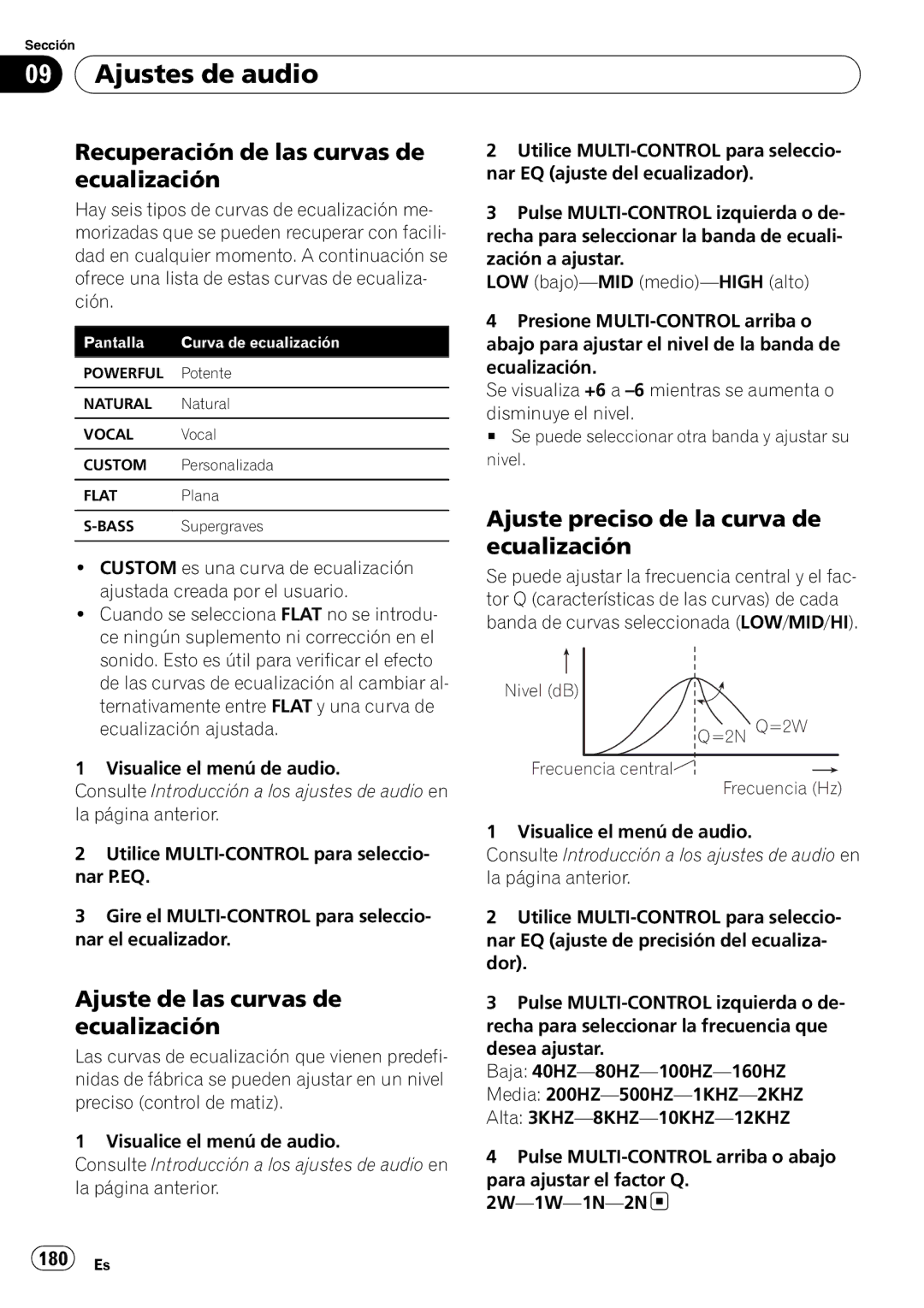 Pioneer DEH-P610BT Ajustes de audio, Recuperación de las curvas de ecualización, Ajuste de las curvas de ecualización 