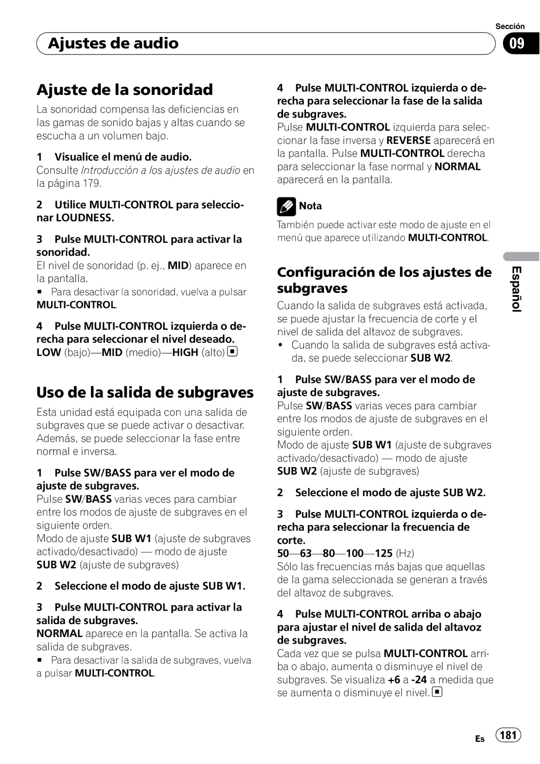 Pioneer DEH-P610BT operation manual Ajustes de audio Ajuste de la sonoridad, Uso de la salida de subgraves 