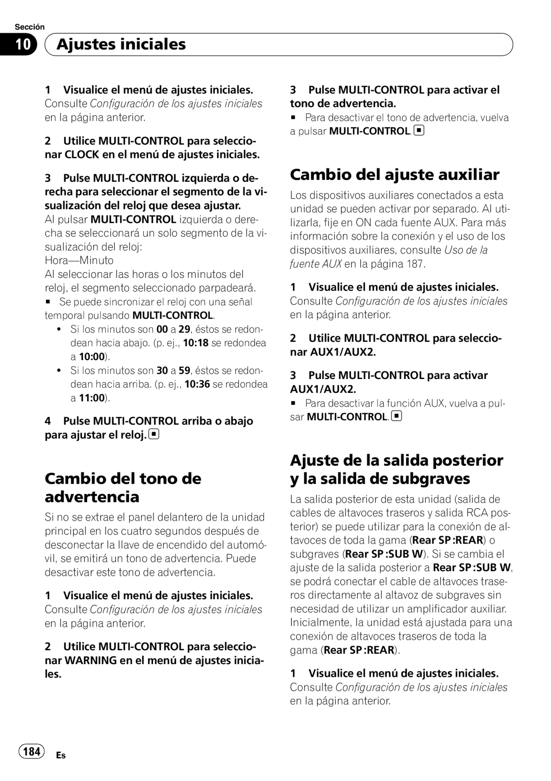 Pioneer DEH-P610BT operation manual Ajustes iniciales, Cambio del ajuste auxiliar, Cambio del tono de advertencia, 184 Es 