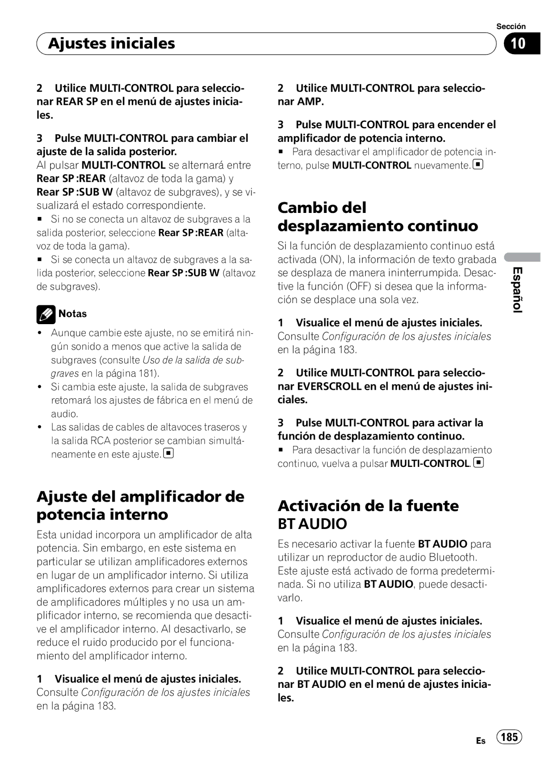 Pioneer DEH-P610BT operation manual Cambio del desplazamiento continuo, Ajuste del amplificador de potencia interno 