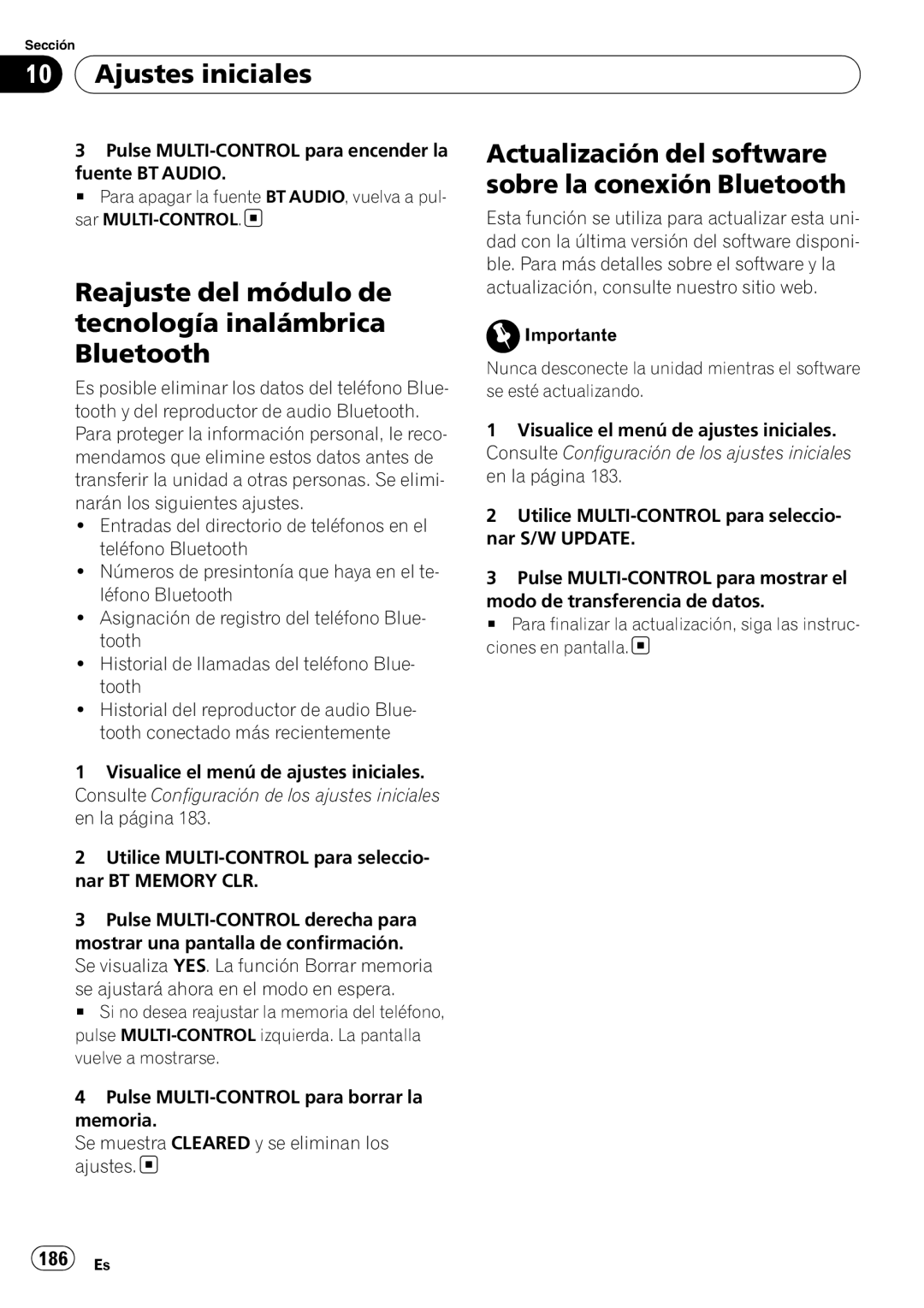 Pioneer DEH-P610BT Sobre la conexión Bluetooth, Reajuste del módulo de tecnología inalámbrica Bluetooth, 186 Es 