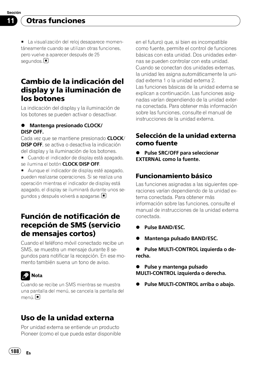 Pioneer DEH-P610BT Otras funciones, Uso de la unidad externa, Selección de la unidad externa como fuente, 188 Es 