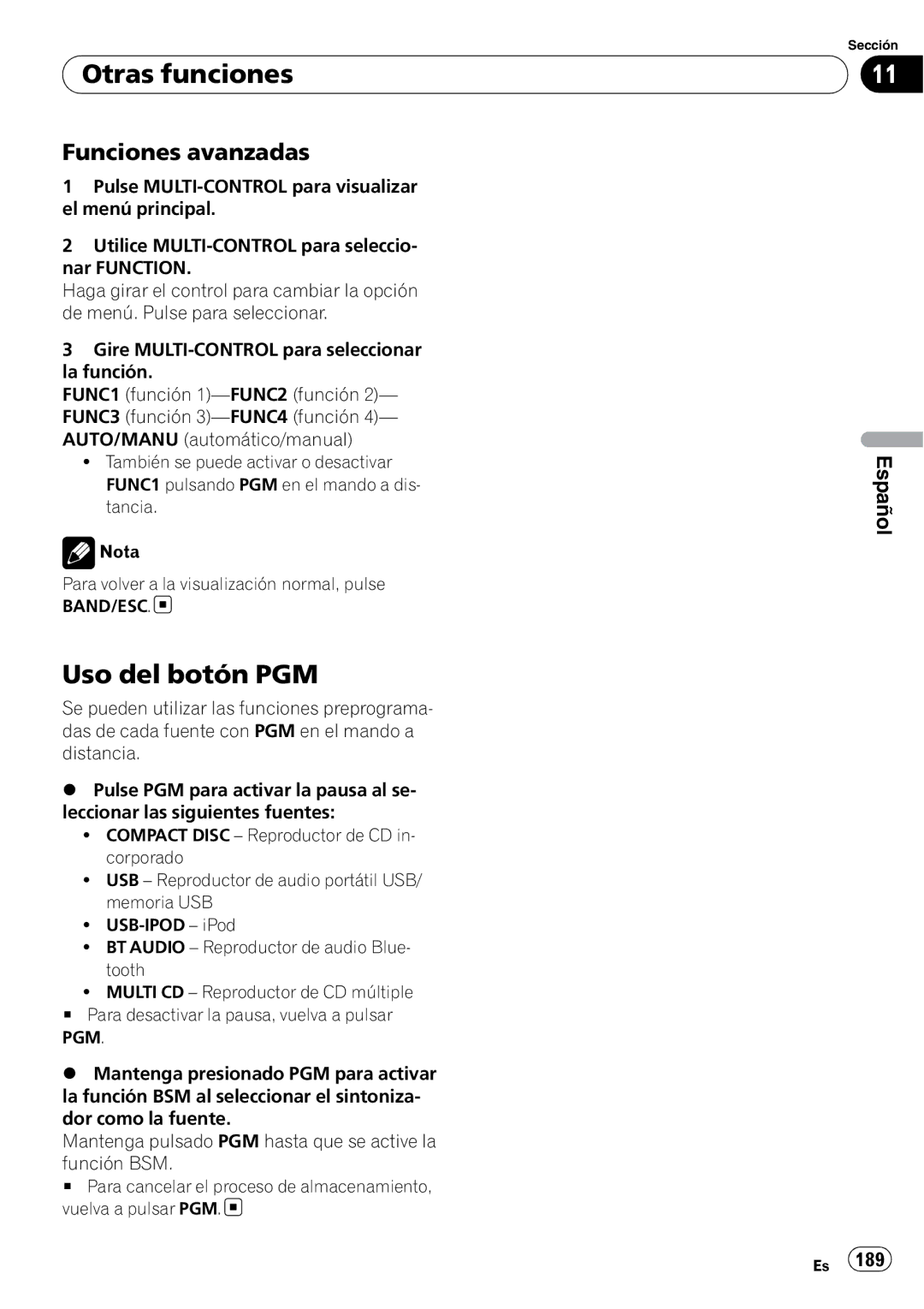 Pioneer DEH-P610BT operation manual Uso del botón PGM, Funciones avanzadas 