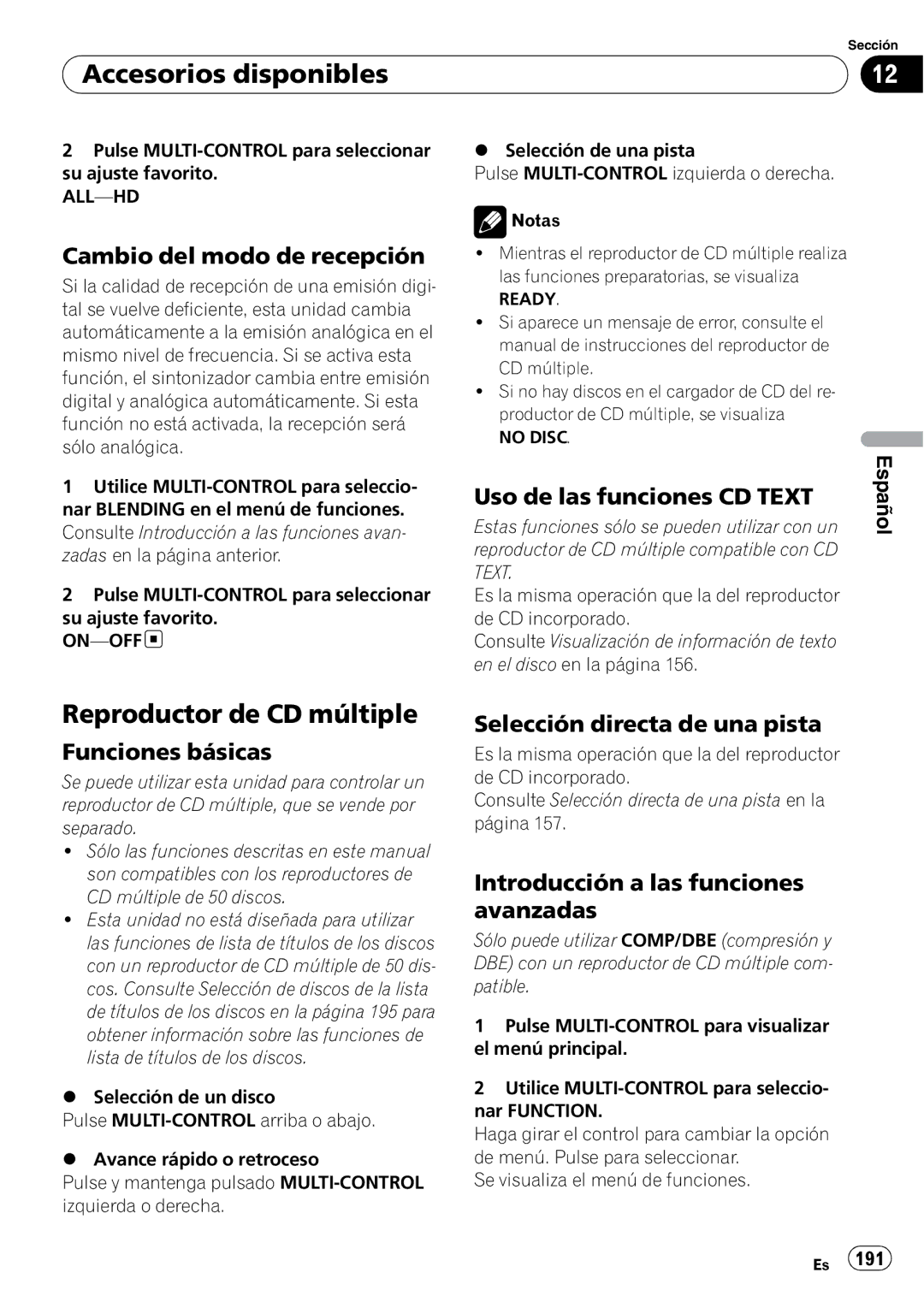 Pioneer DEH-P610BT operation manual Accesorios disponibles, Reproductor de CD múltiple, Cambio del modo de recepción 