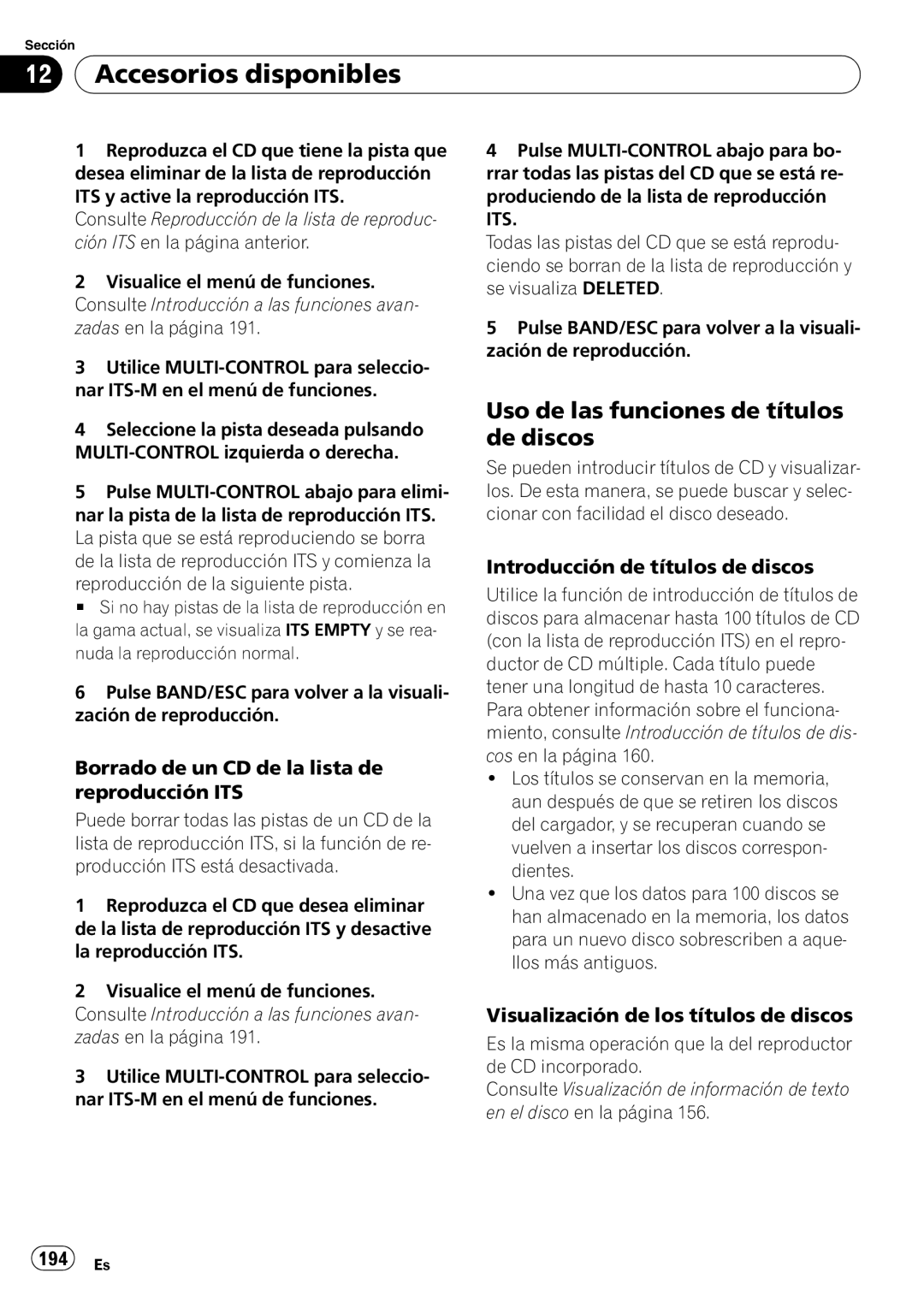 Pioneer DEH-P610BT Uso de las funciones de títulos de discos, Borrado de un CD de la lista de reproducción ITS, 194 Es 