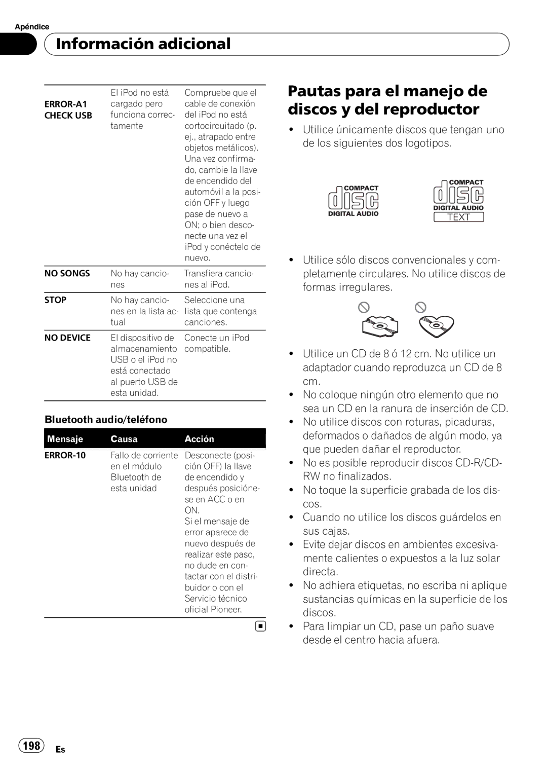 Pioneer DEH-P610BT operation manual Pautas para el manejo de discos y del reproductor, 198 Es 