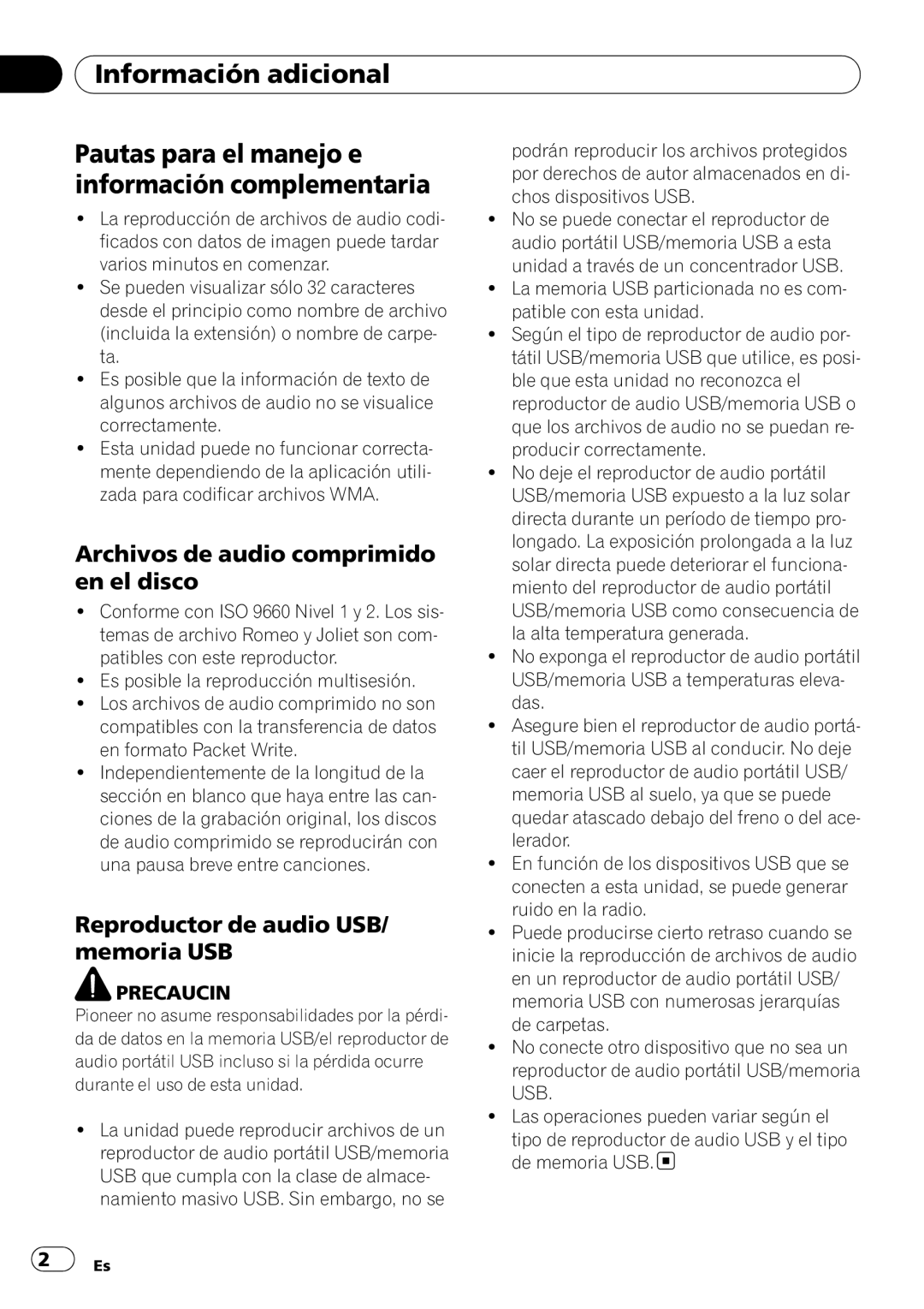 Pioneer DEH-P610BT operation manual Información adicional Pautas para el manejo e, Información complementaria 