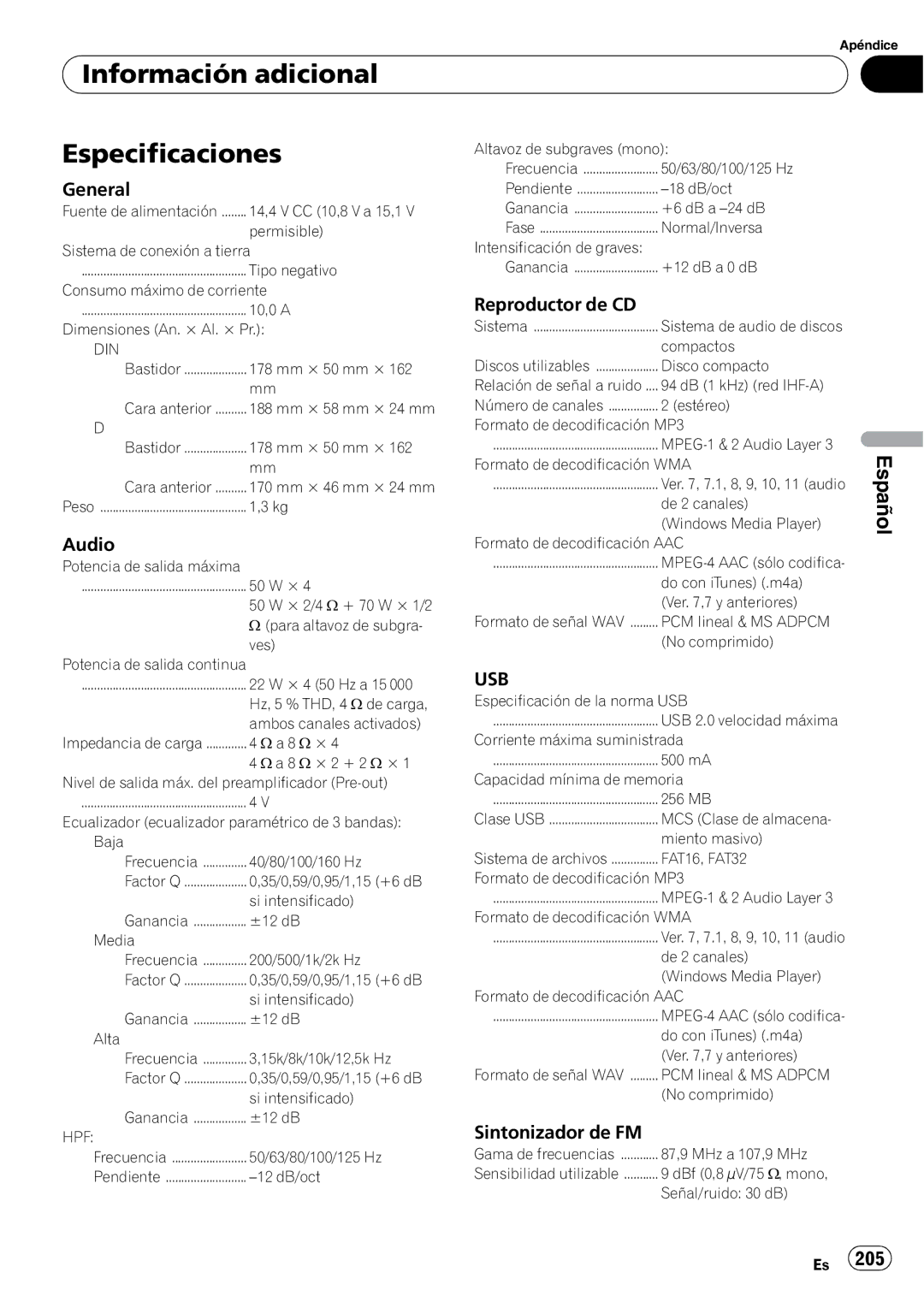 Pioneer DEH-P610BT operation manual Información adicional Especificaciones, Reproductor de CD, Sintonizador de FM 