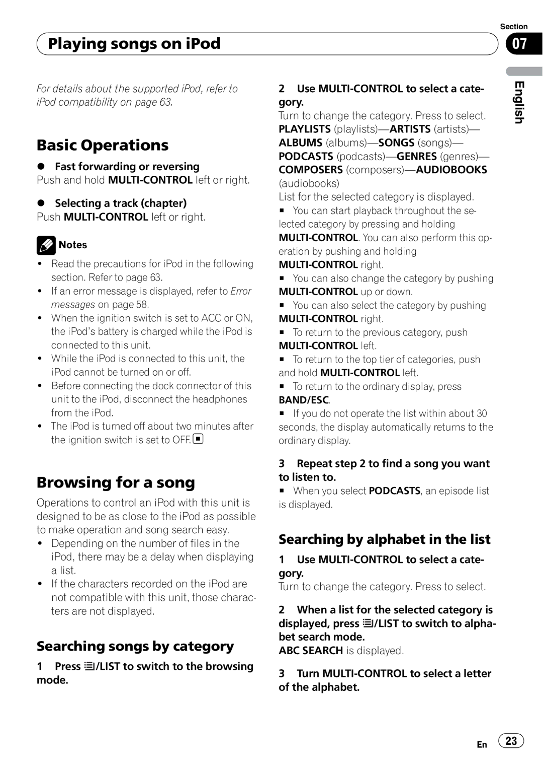 Pioneer DEH-P610BT operation manual Playing songs on iPod, Browsing for a song, Searching songs by category 