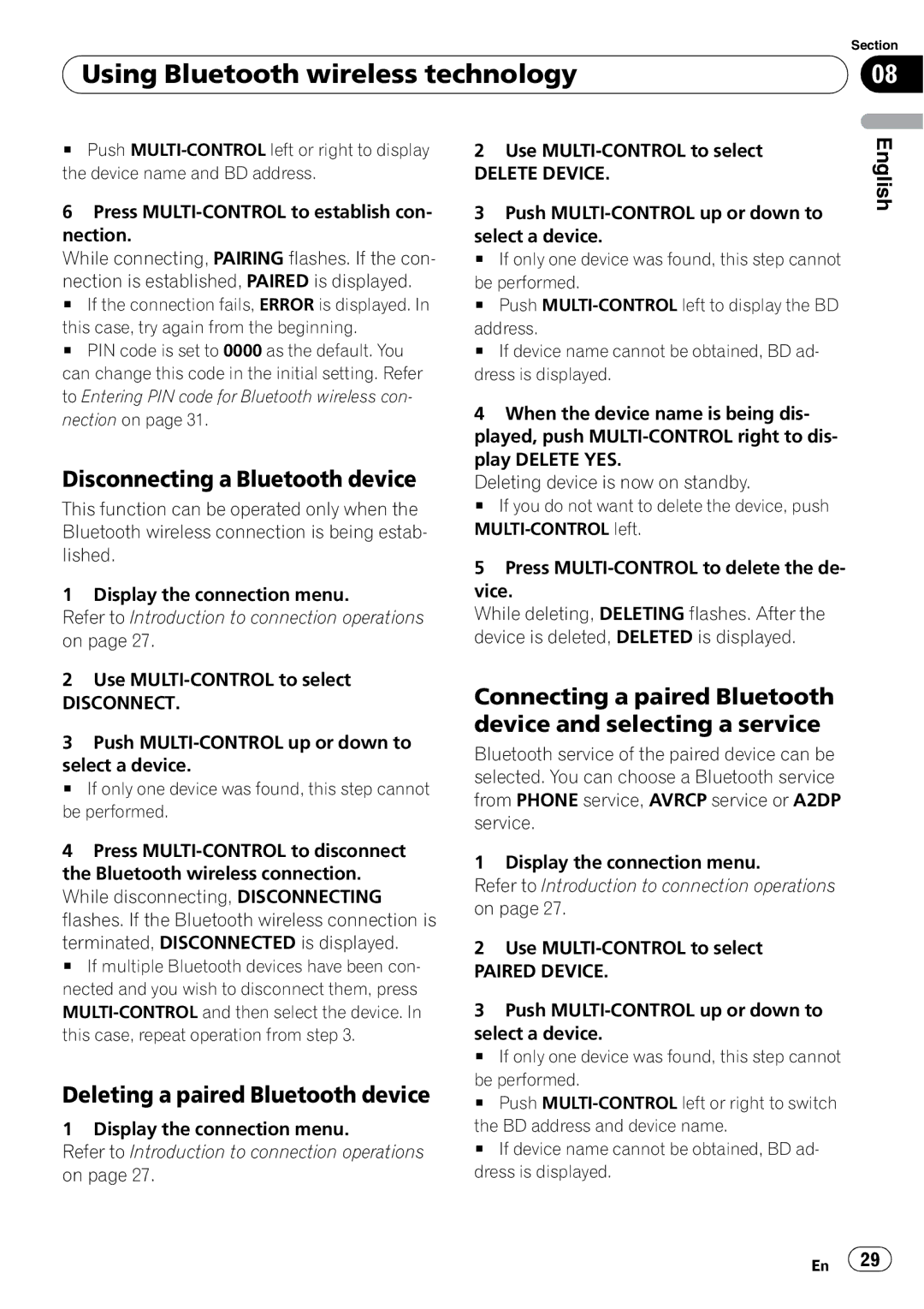 Pioneer DEH-P610BT operation manual Disconnecting a Bluetooth device, Deleting a paired Bluetooth device, Delete Device 