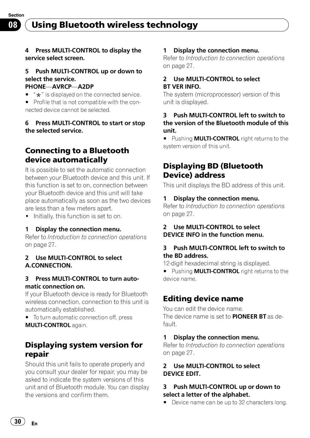 Pioneer DEH-P610BT operation manual Connecting to a Bluetooth device automatically, Displaying system version for repair 