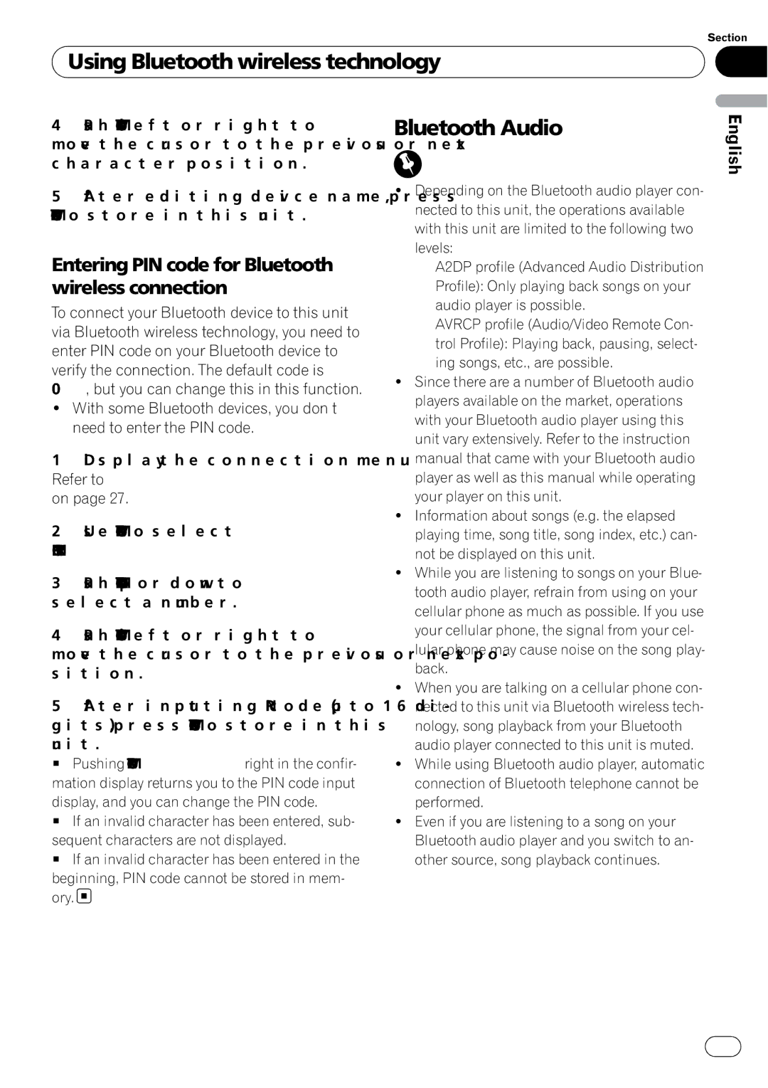 Pioneer DEH-P610BT operation manual Bluetooth Audio, Entering PIN code for Bluetooth wireless connection, Pincode Input 