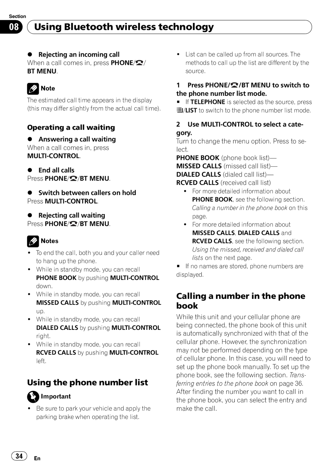 Pioneer DEH-P610BT Using the phone number list, Calling a number in the phone book, Operating a call waiting, BT Menu 