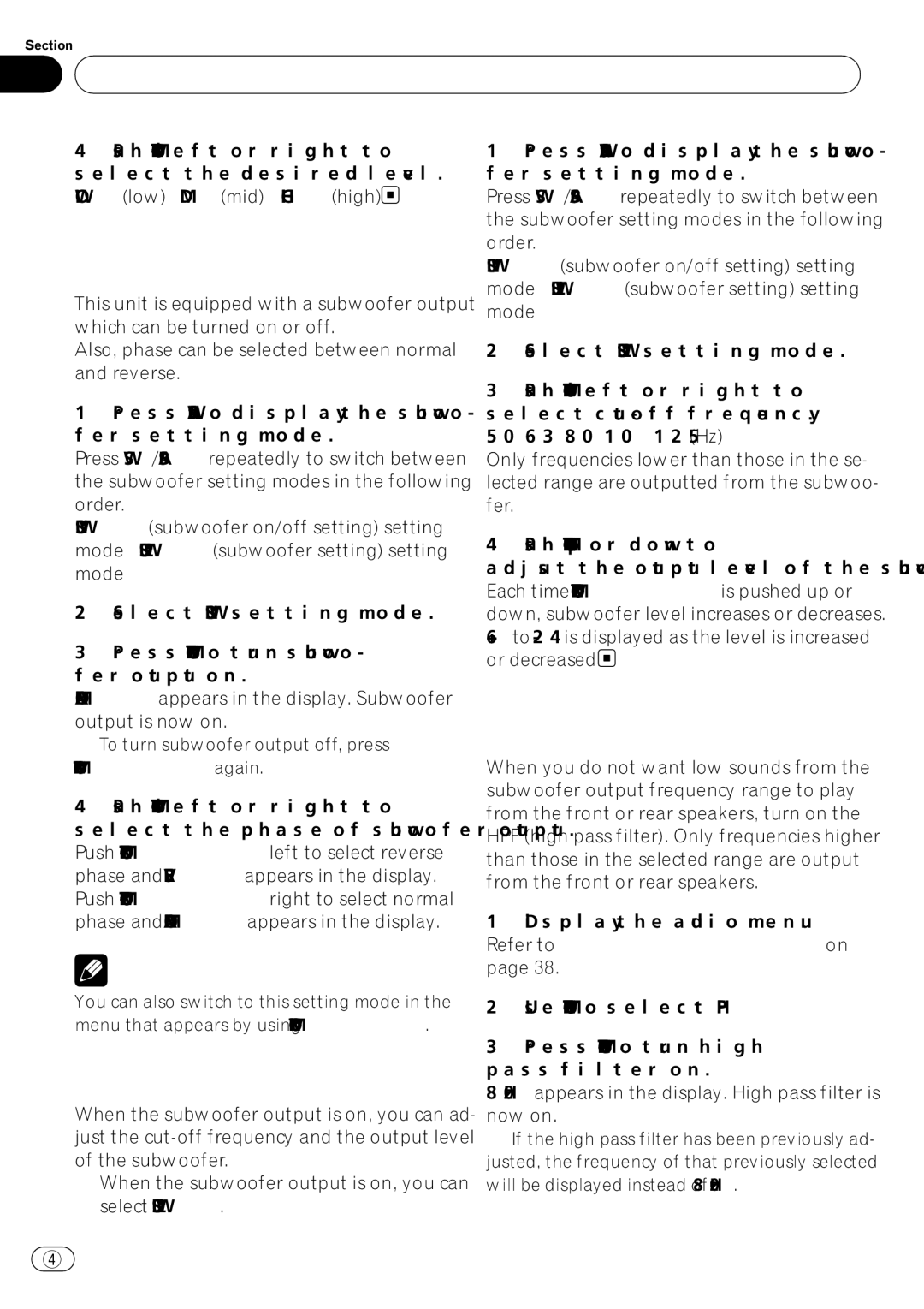 Pioneer DEH-P610BT operation manual Using subwoofer output, Using the high pass filter, Adjusting subwoofer settings 