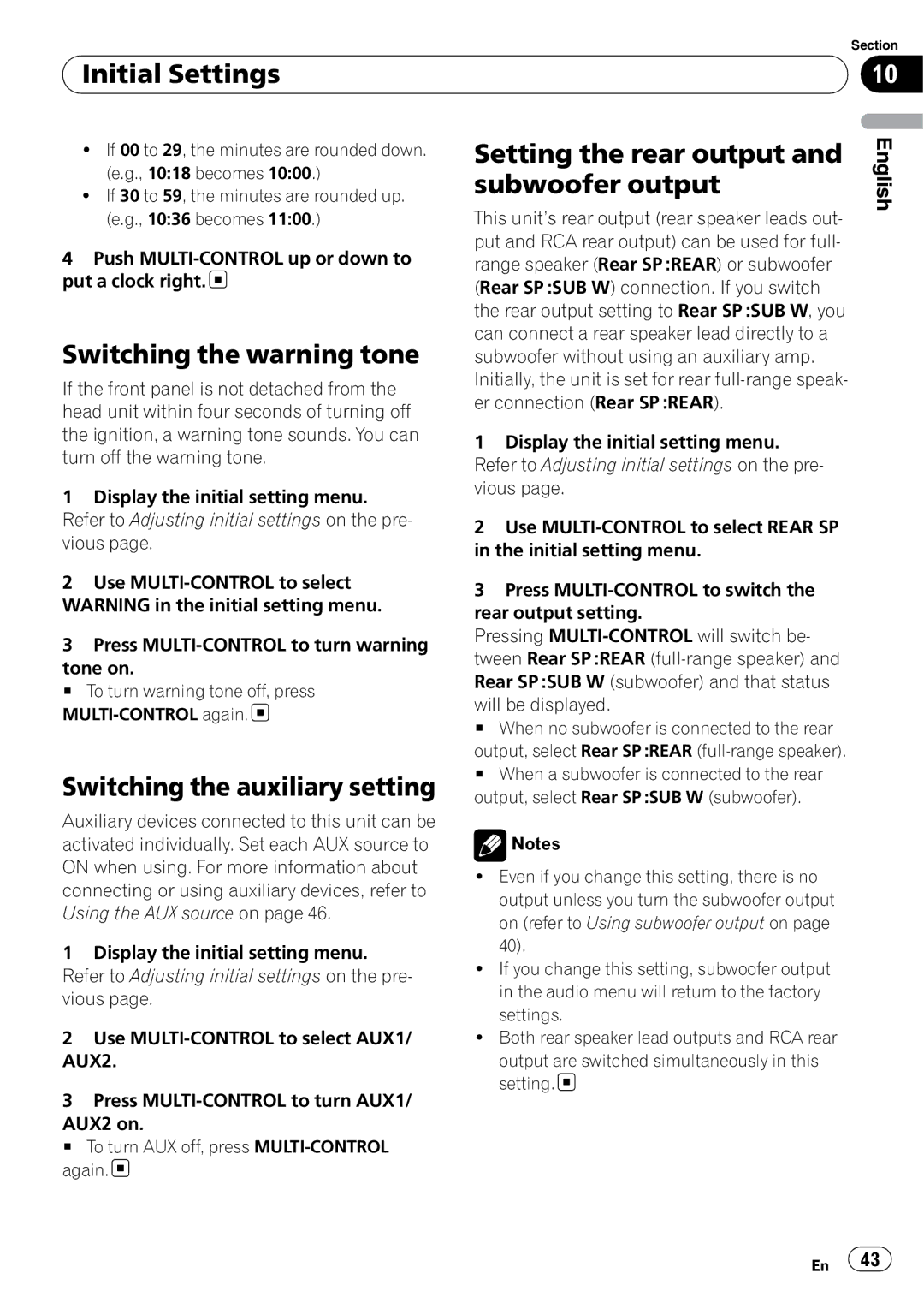 Pioneer DEH-P610BT operation manual Initial Settings, Switching the warning tone, Switching the auxiliary setting 