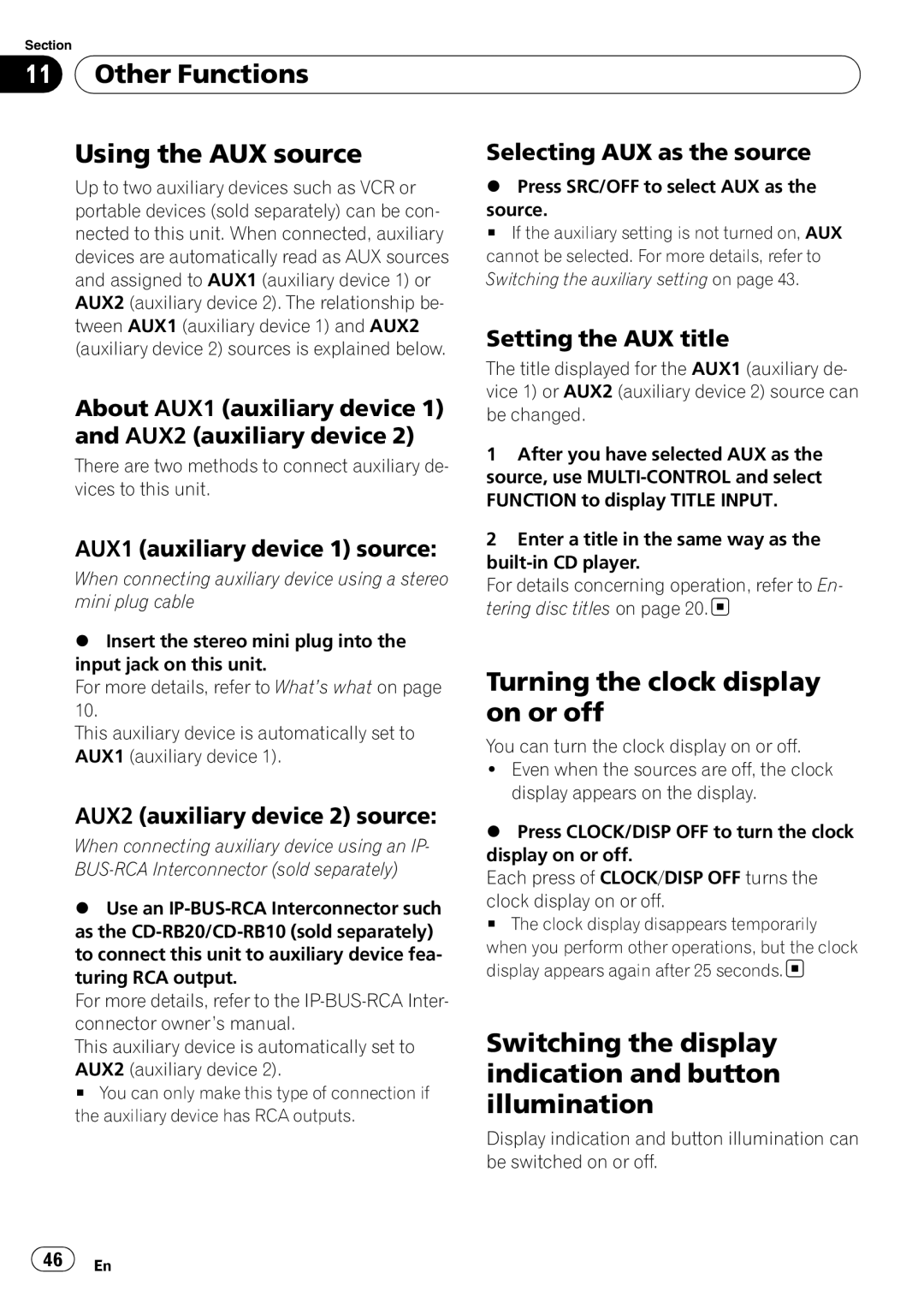 Pioneer DEH-P610BT operation manual Other Functions Using the AUX source, Turning the clock display on or off 