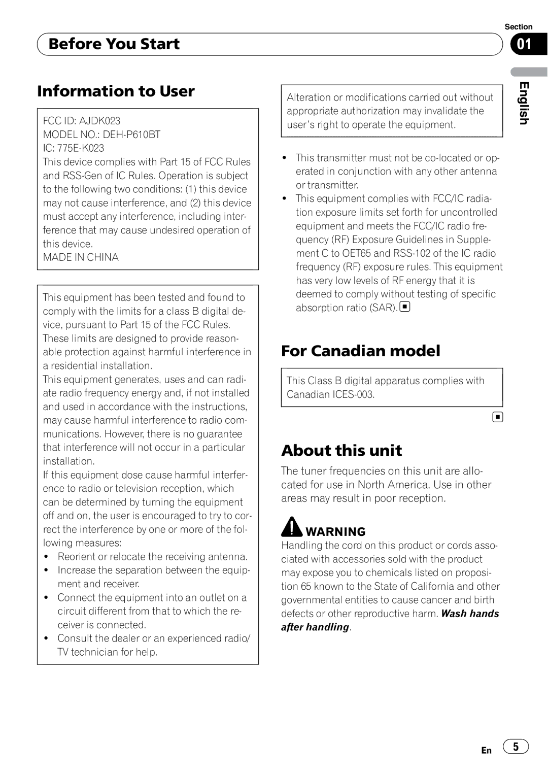 Pioneer DEH-P610BT Before You Start Information to User, For Canadian model, About this unit, Made in China 