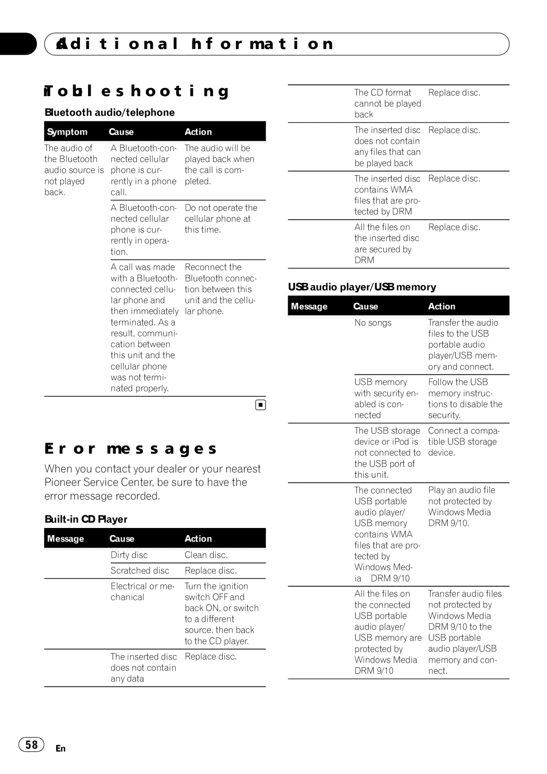 Pioneer DEH-P610BT operation manual Additional Information Troubleshooting, Error messages 