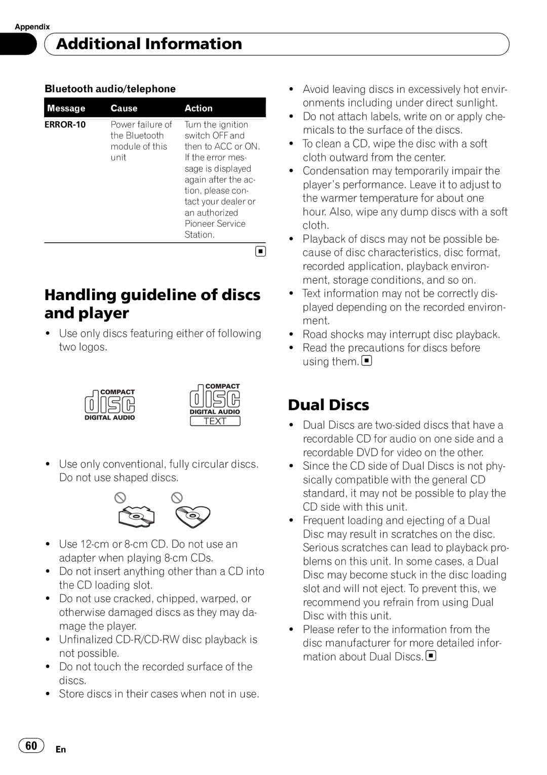 Pioneer DEH-P610BT operation manual Handling guideline of discs and player, Dual Discs 