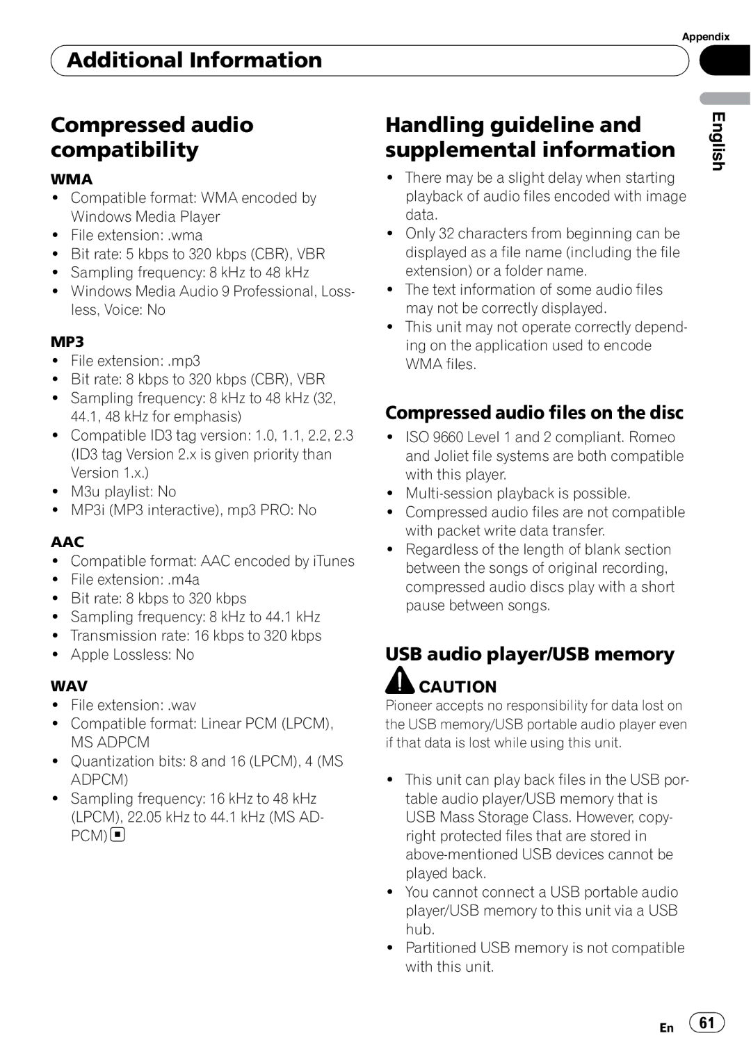 Pioneer DEH-P610BT Additional Information Compressed audio compatibility, Handling guideline and supplemental information 