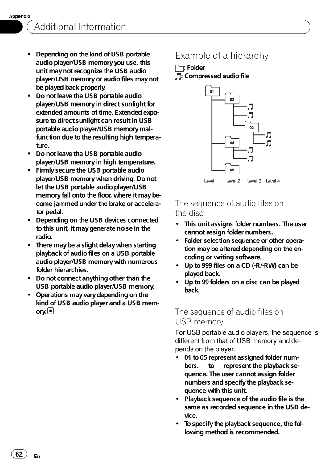 Pioneer DEH-P610BT operation manual Example of a hierarchy, Sequence of audio files on, Disc, USB memory 