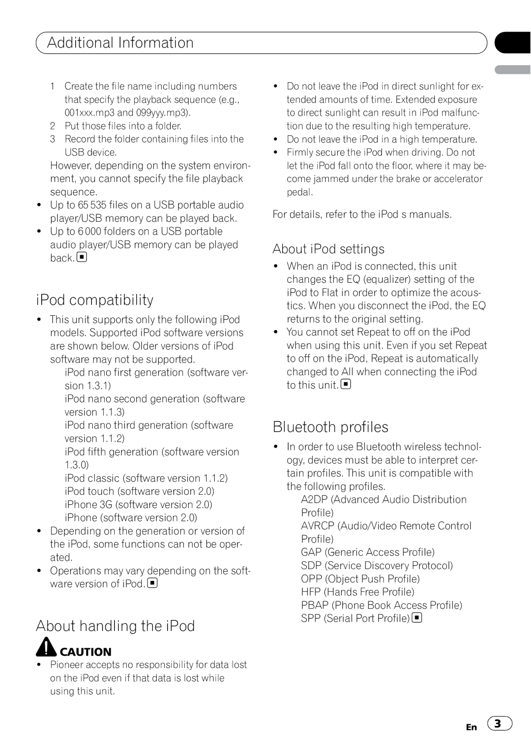 Pioneer DEH-P610BT operation manual IPod compatibility, About handling the iPod, Bluetooth profiles, About iPod settings 