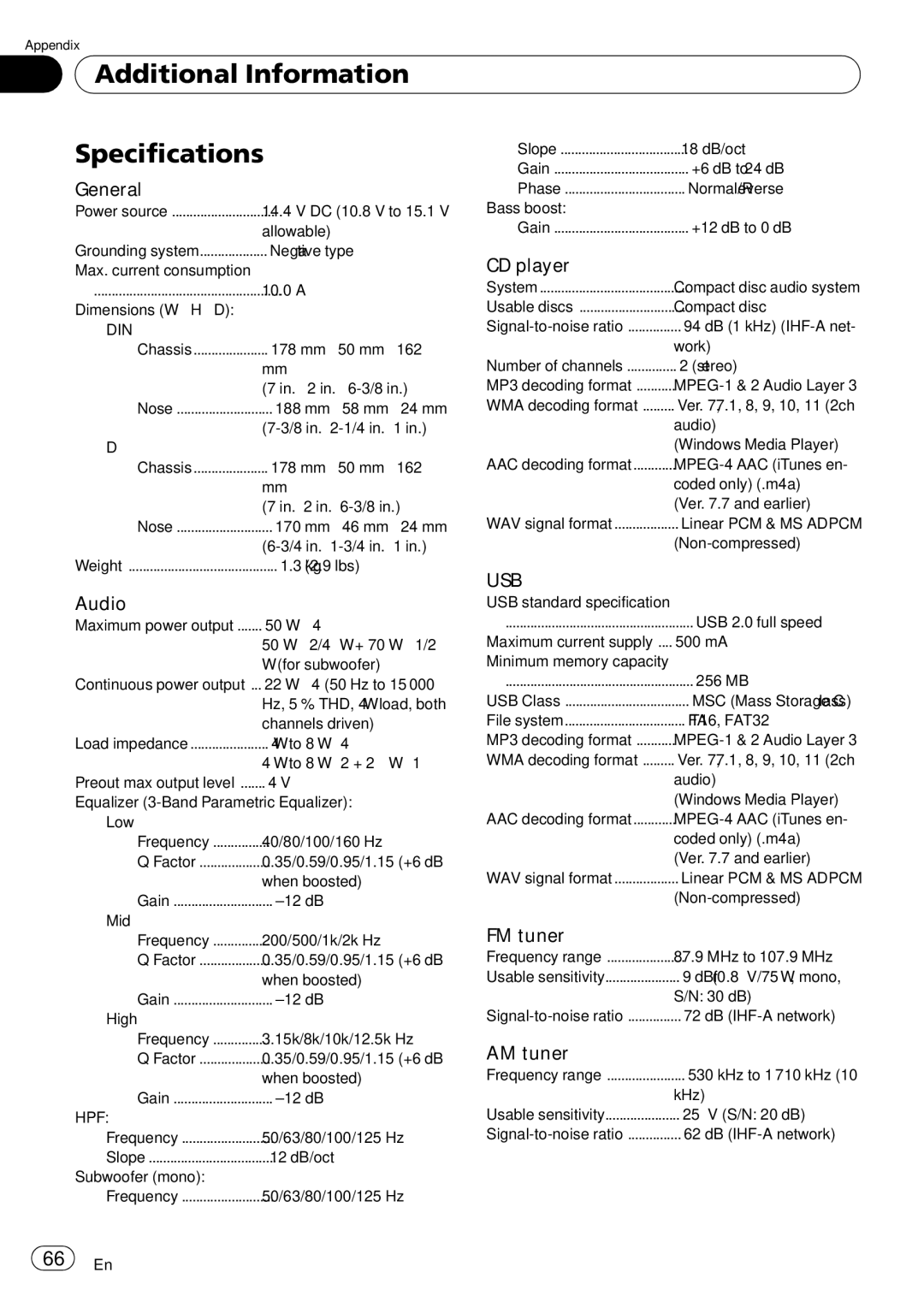 Pioneer DEH-P610BT operation manual Additional Information Specifications, Usb 