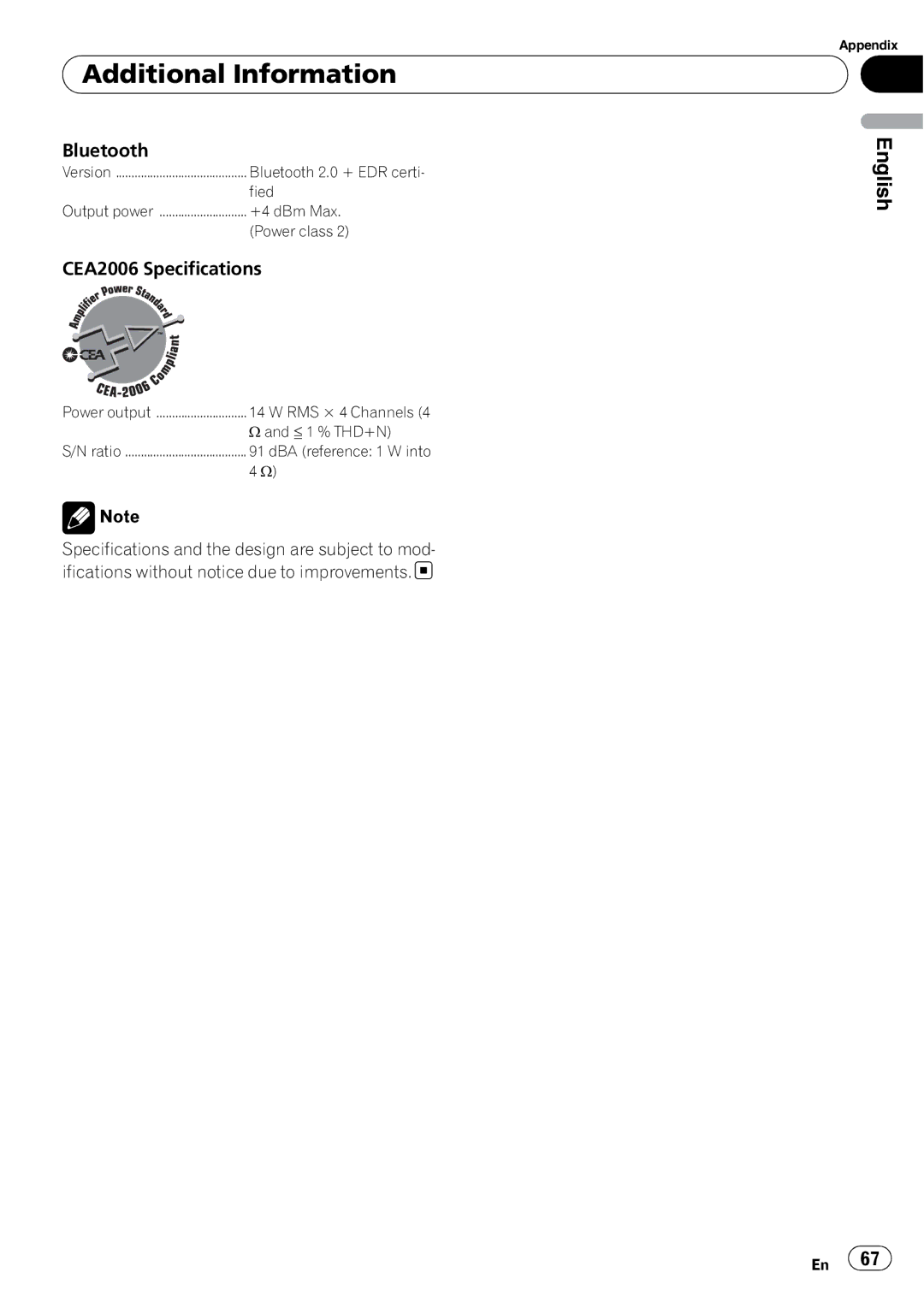 Pioneer DEH-P610BT operation manual Bluetooth, CEA2006 Specifications 