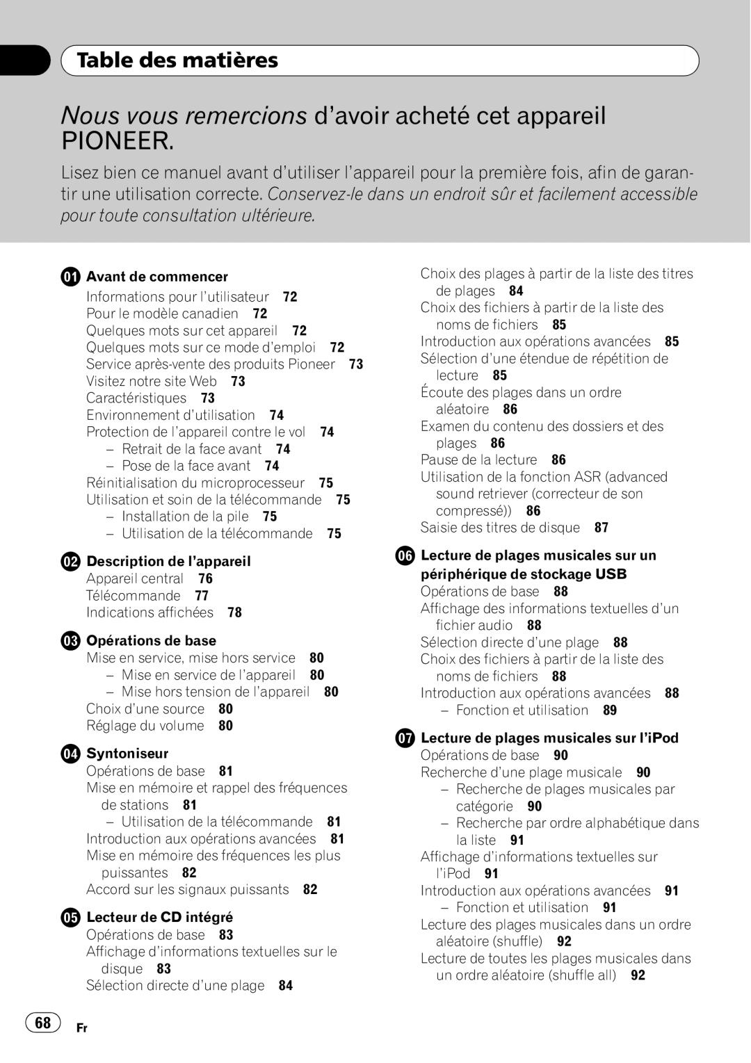 Pioneer DEH-P610BT Table des matières, Opérations de base, Mise en mémoire des fréquences les plus, Puissantes 