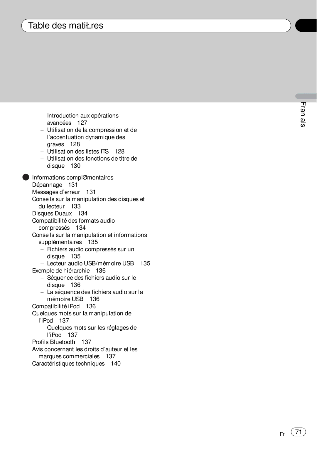 Pioneer DEH-P610BT operation manual Table des matières 