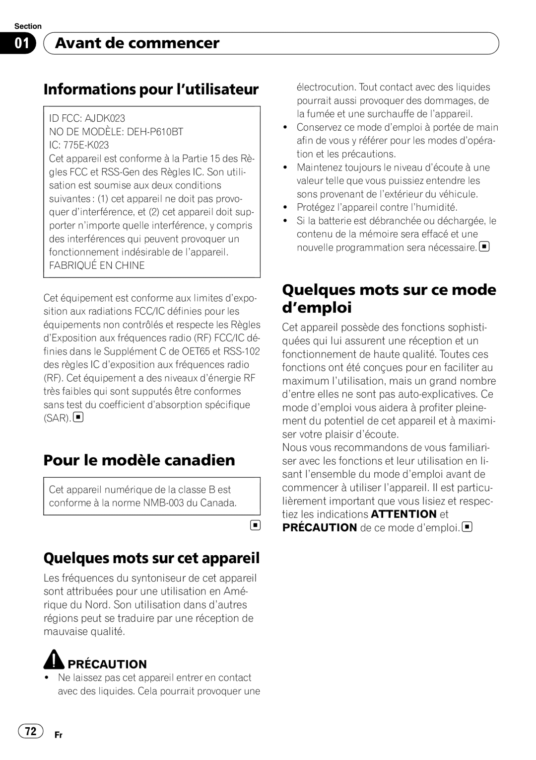 Pioneer DEH-P610BT operation manual Avant de commencer Informations pour l’utilisateur, Pour le modèle canadien 